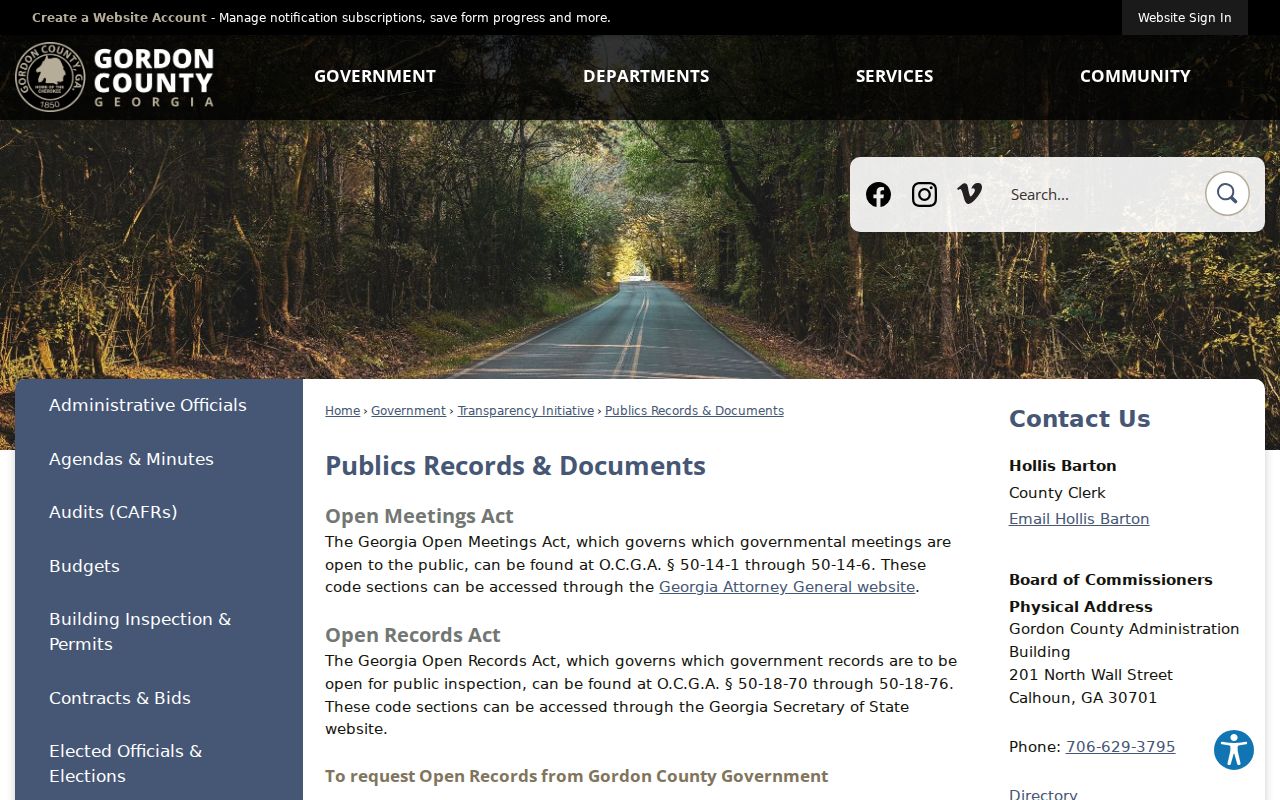 Gordon County public records page for official arrest record request routing