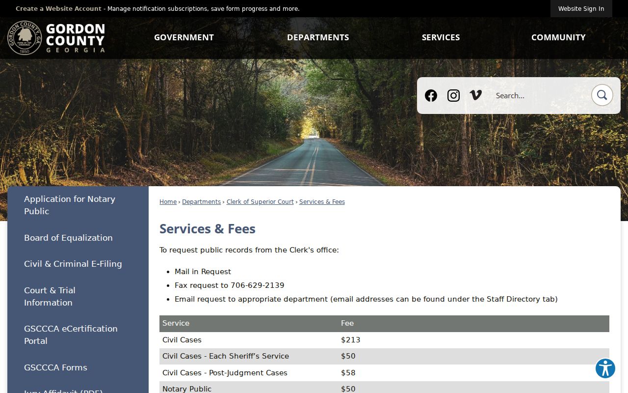 Gordon County criminal court case clerk services and copy fees